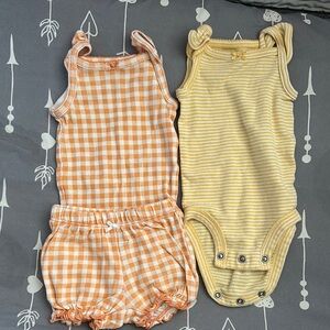 Orange Gingham Romper & Yellow Striped Bodysuit Set